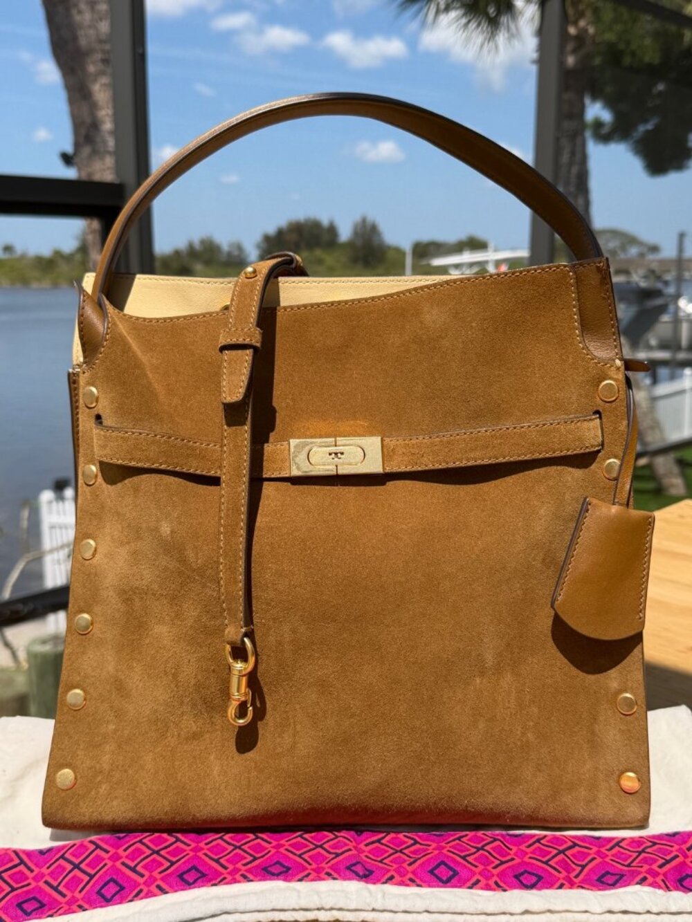 Tory Burch Lee Radziwill Suede Double Bag in Coffee/Brown/Tobacco